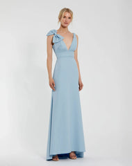 Blue Sleeveless V Neck Bow Detail Mermaid Gown