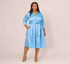 Plus Size Three Quarter Sleeve Taffeta Midi Shirt Dress In Bluebell