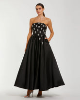 Black Strapless Crystal Embellished Satin A-Line Dress