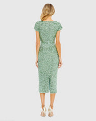 Green Sequined Cap Sleeve Wrap Over Cocktail Dress