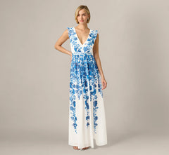 Chiffon Floral Vine Border Print Gown In Ivory Blue