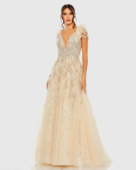 Embellished Feathered Sleeveless A Line Gown