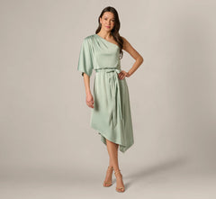 Asymmetrical Draped Stretch Satin Midi Dress In Icy Sage