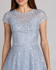 Blue Embellished High Neck Cap Sleeve A Line Dress