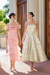 Pink Floral Off The Shoulder Ruffle Midi Dress