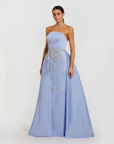 Blue Strapless Embellished Satin Gown with Overskirt