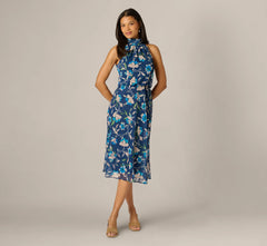 Floral Crinkle Chiffon Halter Midi Dress In Navy Multi