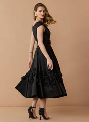 Black Satin Cap Sleeve Midi Dress With 3D Flowers