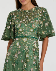 Green Floral Embellished Flutter Sleeve Midi Dress