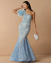 Blue Sleeveless One Shoulder Embroidered Mermaid Gown
