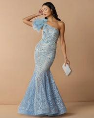 Blue Sleeveless One Shoulder Embroidered Mermaid Gown