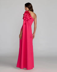 Pink One Shoulder 3D Floral Cape Gown
