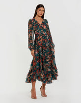 Teal Long Sleeve Floral Midi Dress With Ruffles