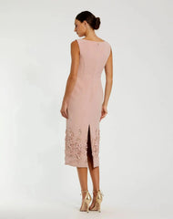 Petite Pink Crepe Sleeveless Midi Dress With Flower Beading