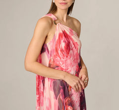 One Shoulder Peony Floral Chiffon Scarf Gown In Pink Multi