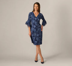 Floral Jacquard Bell Sleeve Sheath Dress In Navy Sateen