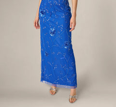 Sleeveless Floral Beaded Column Dress In Brilliant Sapphire