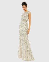 White and Silver Embellished High Neck Cap Sleeve Gown