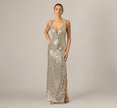 Plunge Neck Mirror Beaded Gown In Silver