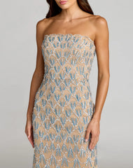 Beige Hand Embellished Strapless Evening Gown