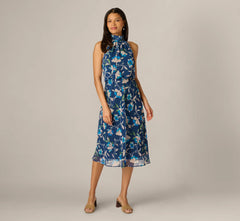 Floral Crinkle Chiffon Halter Midi Dress In Navy Multi