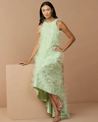 Green Sleeveless Feather Embellished High Low Gown