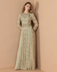Green Embellished Long Sleeve A-Line Gown