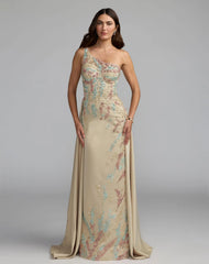 Beige One Shoulder Embellished Gown With Train