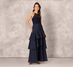 Lace Organza Halter Ballgown In Navy