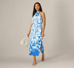Scroll Print Chain Halter Midi In Ivory Blue