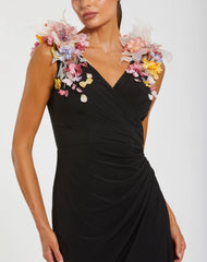 Black Jersey V Neck Gown With 3D Flowers