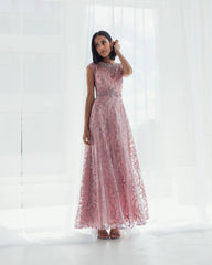 Embroidered Cap Sleeve A Line Gown