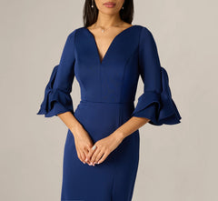 Sculpted Bell Sleeve Column Gown In Navy Sateen