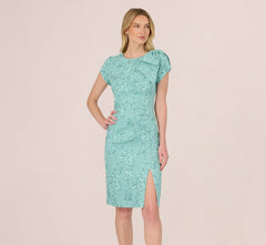 Cap Sleeve Floral Jacquard Bow Midi Dress In Teal
