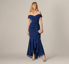 Off Shoulder Stretch Crepe Draped Gown In Navy Sateen