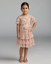 Girls Pink Embellished Flutter Sleeve Ruffle Dress