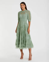 Petite Green High Neck Ruffle Tiered A-Line Midi Dress