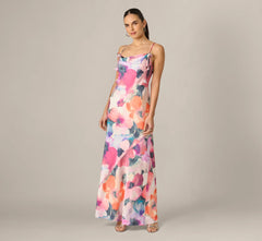 Cowl Neck 3D Floral Sateen Gown In Pink Orange Multi
