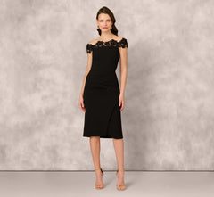 Off Shoulder Lace Trim Midi Sheath Dress In Black