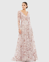 Pink Embellished V Neck Illusion Long Sleeve A Line Gown