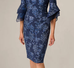 Floral Jacquard Bell Sleeve Sheath Dress In Navy Sateen
