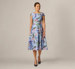 Cap Sleeve Floral Jacquard A Line Midi Dress In Blue Multi