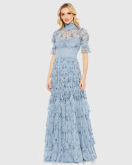 Embroidered Floral Tiered Smock Neck Gown