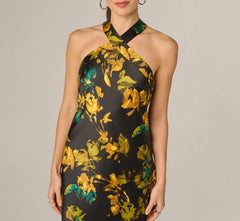 Floral Stretch Satin Scarf Halter Gown In Black Multi