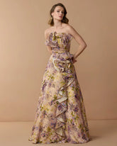 Pink Strapless Floral Ball Gown With Ruffle Detail