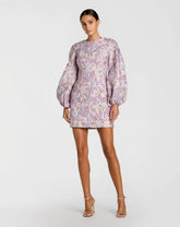 Brocade Balloon Sleeve Fitted Mini Dress