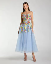Blue Strapless Floral Embroidered A-Line Midi Dress