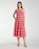 Pink Floral Strapless Ruffle Midi Dress