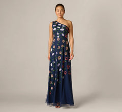 One Shoulder Floral Garden Beaded Gown In Navy Multi