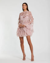 Embellished Long Flare Sleeve Mesh A-Line Dress